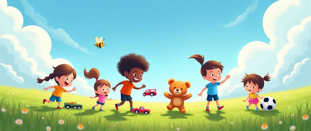 scenery of an open field. green grass on the ground. clouds in the sky, very blue and beautiful. Black and white ren playing in the field. A black afro boy, a white boy playing with toy cars. 3 white girls and a black girl playing with a stuffed bear.
perf...