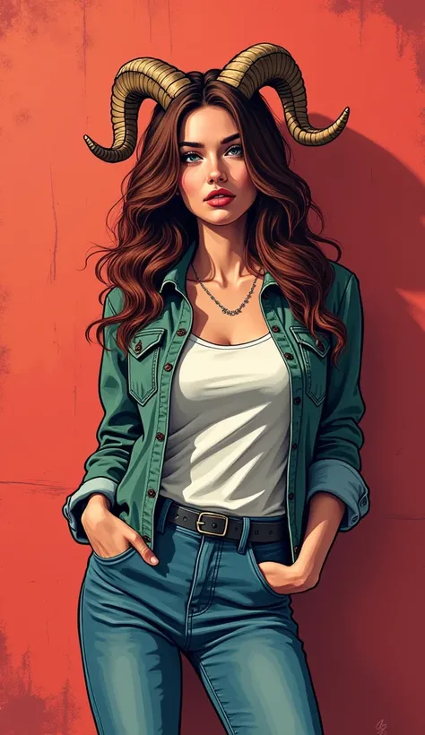 DISCREET image. with discreet casual clothes. image adult woman, american, comic book style. She is an Aries sign, with a discreet smile like a rams horn. FOCUS ON THE FACE. IMAGES WITH VIBRANT COLORS.