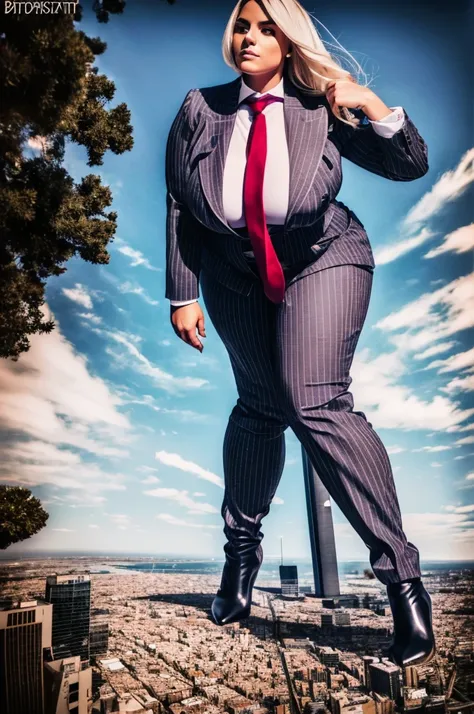 sophisticated and stylish bbw giantess in a form fitting light grey pinstriped trouser suit, white shirt, and a large wide crimson necktie with a really large windsor knot, with a beautiful, curvaceous figure, massive breasts, and blonde long wavey hair, w...