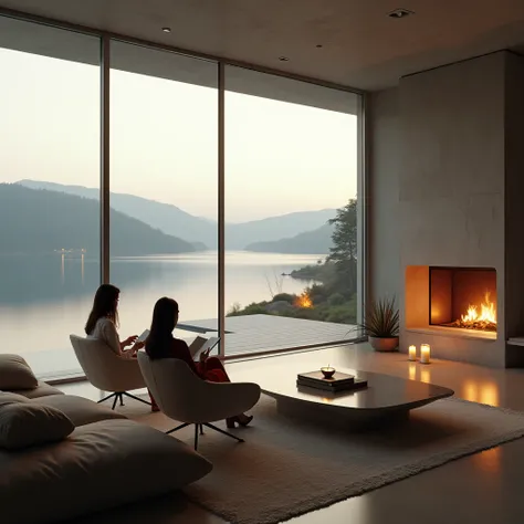 beautiful view from a cosy salon of a billionaires contemporary minimalist concrete house, two girls reading, view of terrace with sofas a lake, central fire, candles, without guardrail