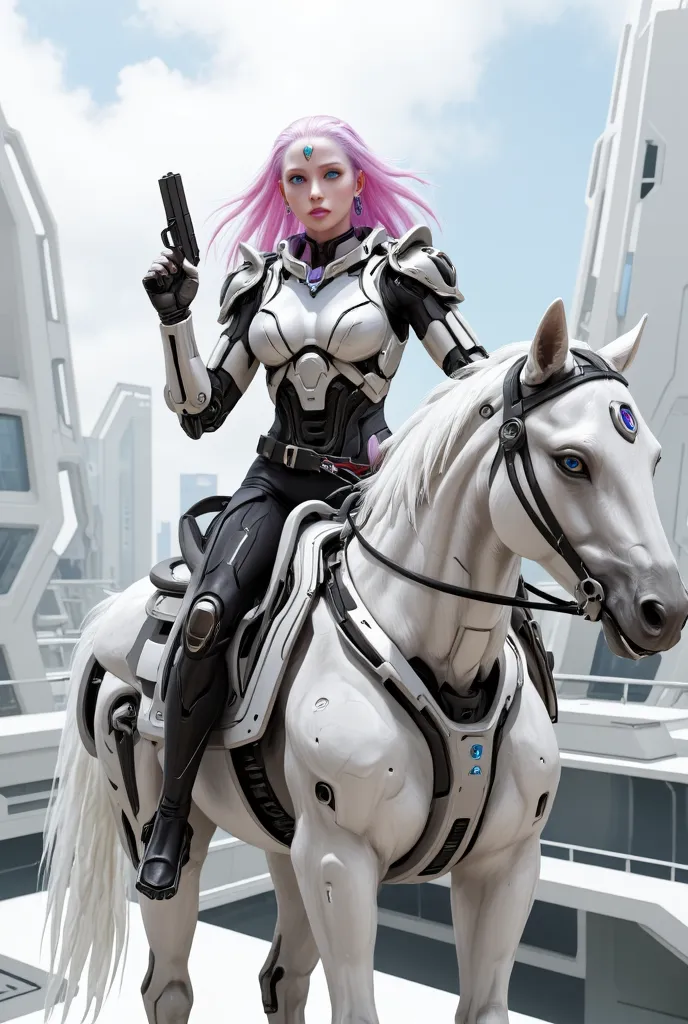 a semi robotic female knight riding a white mechanical horse with flowing long hair and holding a handgun is a future police off...