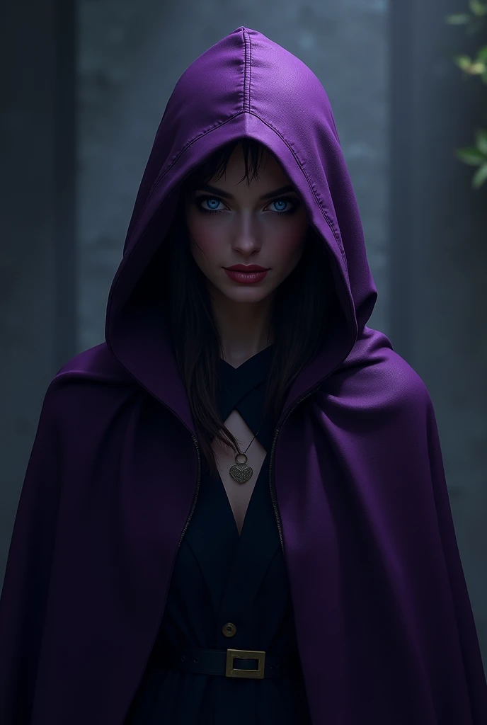 A person with a dark purple cape and , You can only see her blue eyes and shes a woman