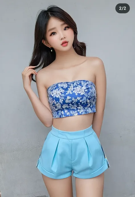 ((best resolution)), work of art, ((high quality:1.2)), 8k, extremely detailed, ((high detail:1.2), Solo, Korean Ulzzang female, (mini-shorts, strapless cropped top), (Beautiful and perfect face:1.23), high detailed texture, photograph, realistic,