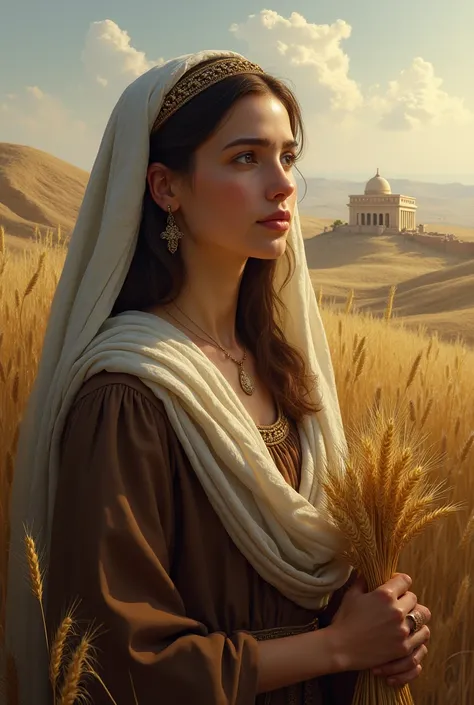 Create the image of Ruth,Ruth is one of the most inspiring characters in the Bible, being the protagonist of the book that bears her name in the Old Testament. Its history is marked by loyalty, faith and redemption, taking place in a significant cultural a...