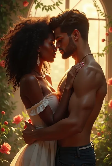 Beautiful black woman kissing talling white man