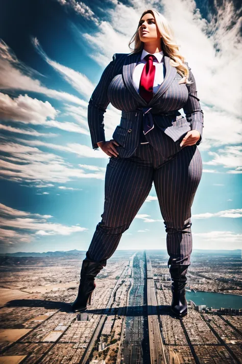 sophisticated and stylish bbw giantess in a form fitting light grey pinstriped trouser suit, white shirt, and a large wide crimson necktie with a really large windsor knot, with a beautiful, curvaceous figure, massive breasts, and blonde long wavey hair, w...