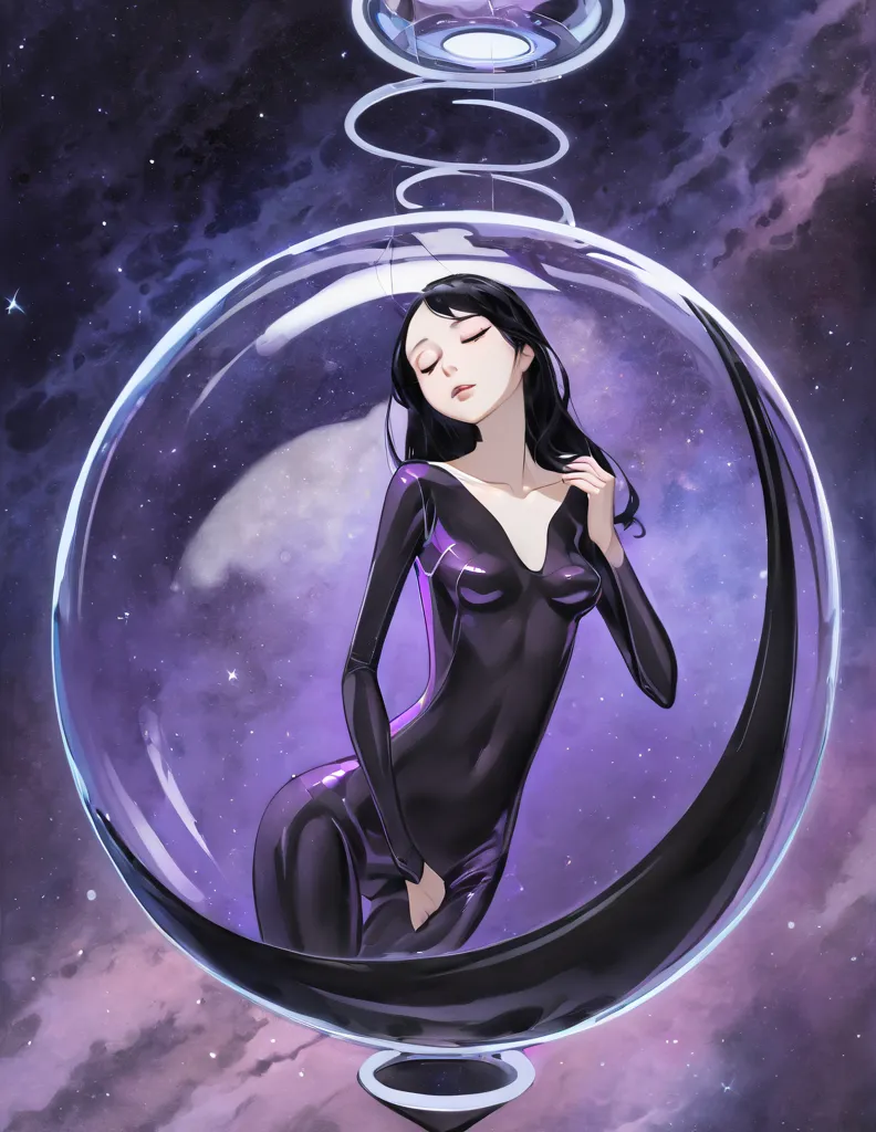 thin anorexic woman, pale, long neck, long black hair, large breasts, hour glass frame.wears a purple v neck bodysuit, she is on...