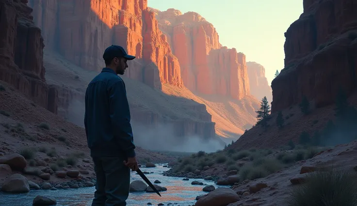 A person hiking in a bluejohn canyon and he is trying to cut his hand with knife  