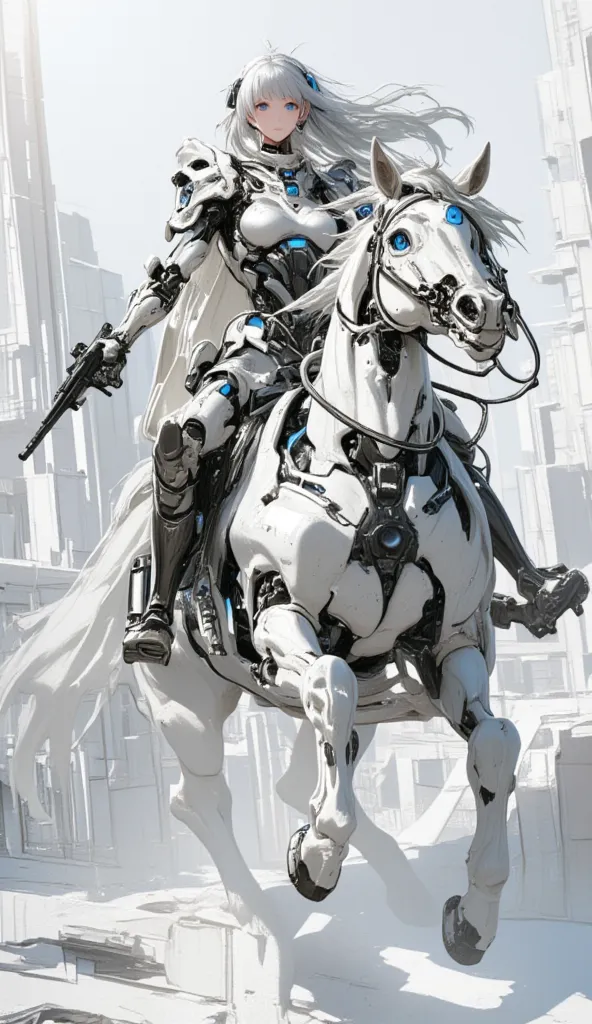 a semi robotic female knight riding a white mechanical horse with flowing long hair and holding a handgun is a future police off...