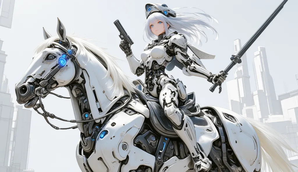 a semi robotic female knight riding a white mechanical horse with flowing long hair and holding a handgun is a future police officer,white future technology style,