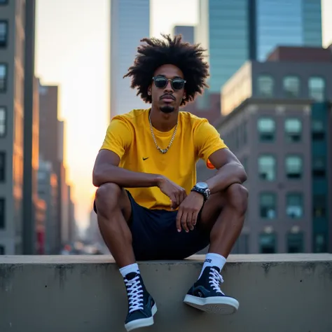 young black man, realistic, stylish, Sitting on the edge of a building , realistic, late afternoon, NY, tenis stylish branco azul amarelo preto, short preto, yellow shirt, afro hair, realistic,  scenery blue purple yellow white green ,  late afternoon , re...