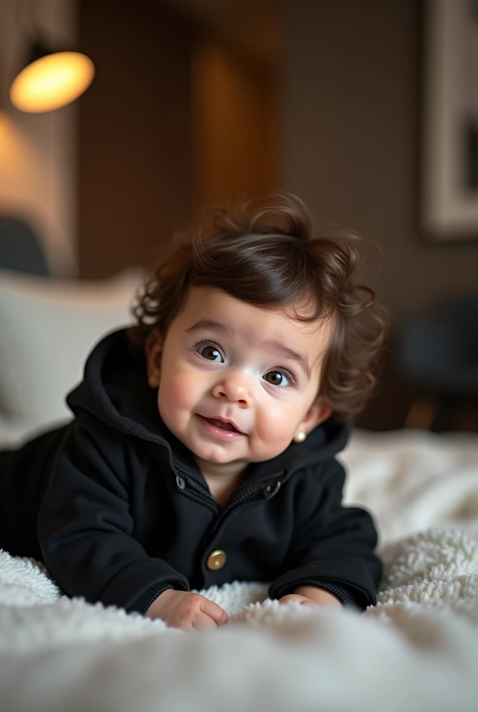  A baby Hardin Scott  plump cheeks Latino 5 months old wavy hair on the side brown eyes light blue, Wearing a black Mickey Mouse coat lying on the baby comfort in a beautiful modern room at night 