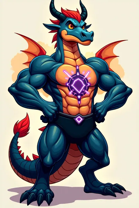 A stylized cartoon dragon, dark slate blue with reddish-orange accents, wearing black athletic-style clothing with a glowing, dark-grayish-purple circuit-board-like emblem on the chest. The dragon confidently stands with hands on hips, showcasing a bold, c...