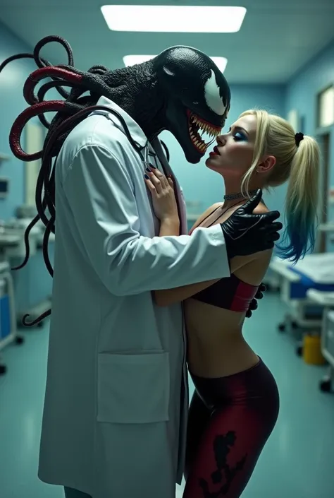 Venom as a docter in hospital kissing and touch Harley Quinn tongue