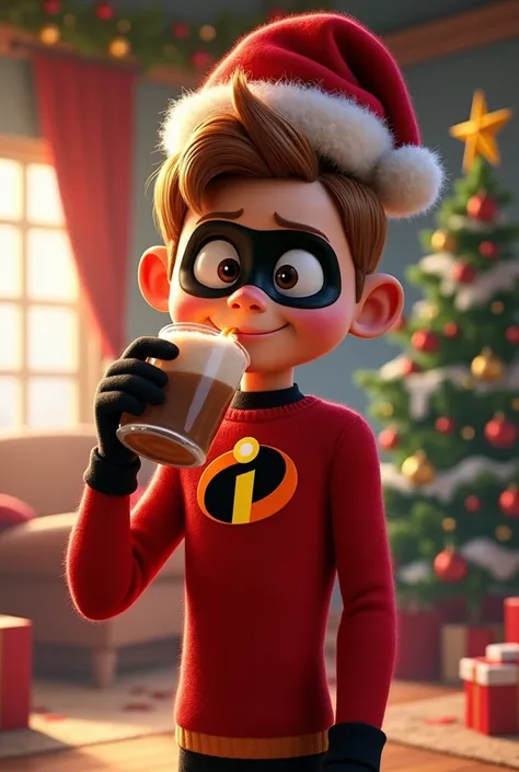 Disney Pixar style character Jack drinks the Incredibles full body with Christmas costume