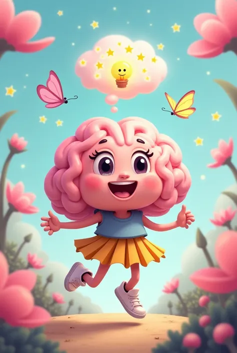  An image in high resolution and in a cartoon style O and Ultra Cute ,  showing a brain anthropomorphized with big expressive eyes and a smiling smile ,  with the front teeth half open ,  creating an adorable expression . The brain is soft pink in color an...