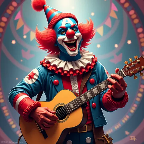 Captain America dressed as a clown playing guitar and singing with joy 