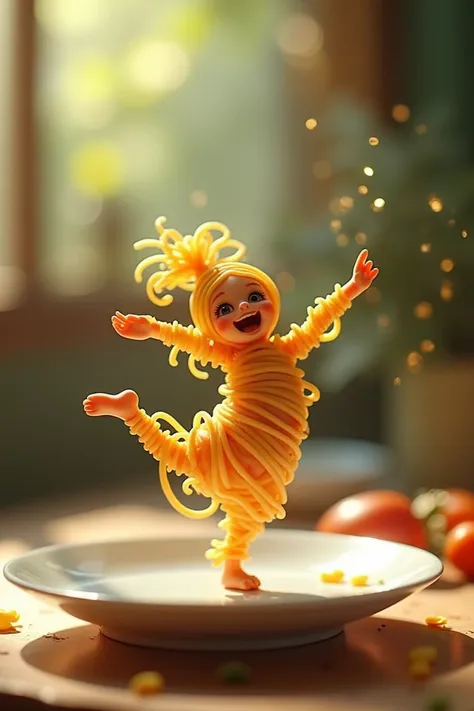 A whimsical miniature figure composed of delicately arranged noodles,
poised in a carefree dance on the rim of a plate, white shiny plate, set on a table, vibrant kitchen backdrop, where dappled sunlight filters through the canopy above, casting intricate ...