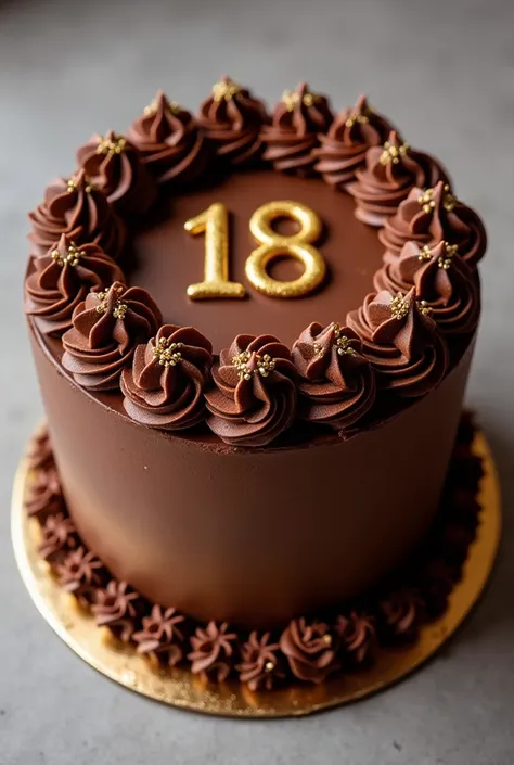 Un gateau au chocolat au lait de couleur marron et pleins pleins de  minis douilles tout autour de differentes facon sur le dessus et juste des feuilles dor en decoration dessus avec des petites  billes pour combler  avec écrit 18 