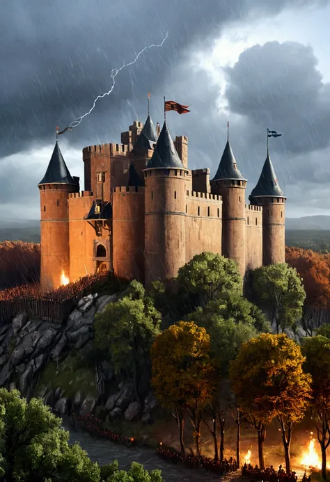 "A brutal medieval siege takes place under a stormy night sky, with the castle towering over the dark forest below. Flaming arrows rain down from the battlements, illuminating the smoky battlefield. Soldiers in battle-worn armor climb siege ladders to stor...