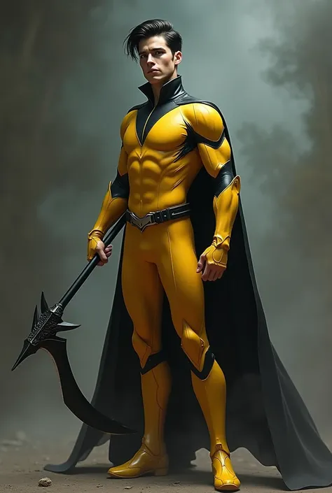 Super villain young man,  black hair combed up ,  tight yellow uniform with black details , holding with both hands a long pointed black sickle made of magic. full body view, no cover