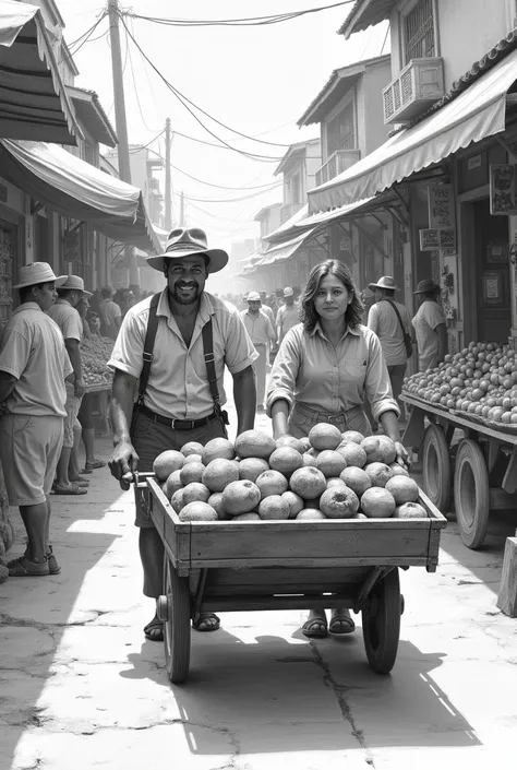 Based on the following briefing, draw a pencil drawing of the following scenario - Carlos arrives at the market with his wife and they have a cart running through the aisles of the market.