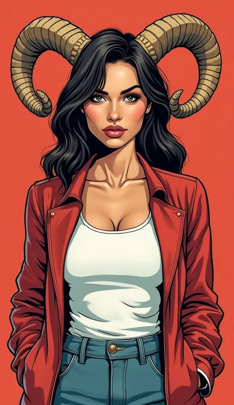 DISCREET image. with discreet casual clothes. image adult woman, american, comic book style. She is an Aries sign, with a discreet smile like a rams horn. FOCUS ON THE FACE. IMAGES WITH VIBRANT COLORS.