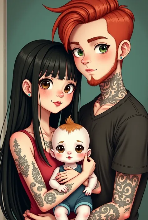 Create a Hello Kitty .  style image with a girl with very white skin ,  long, straight black hair with fringes . she has brown eyes,  pink cheeks and several tattoos and piercings .  she is holding her son who is a white-skinned baby boy,  brown eyes and p...