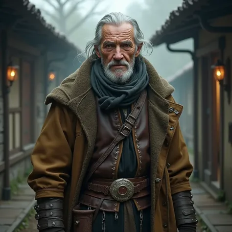  A mysterious old man appears next to them,  dressed in a mix of both styles : practical but decorative .