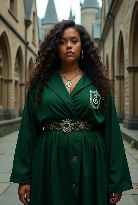 Hogwarts slytherin girl in her slytherin school uniform, with dark long curly hair tan skin brown eyes thick body type.