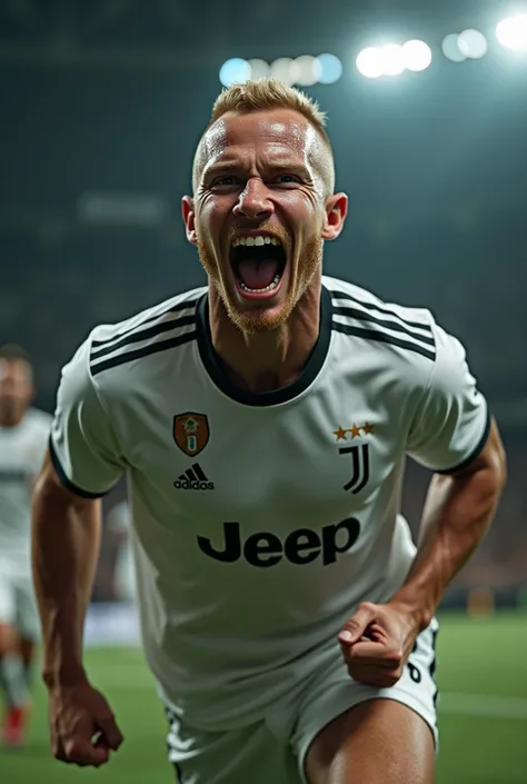 
25-year-old man, Martiño Rivas ,
BLONDE BUZZCUT, chiseled jawline, green eyes, sexy, with masculine energy and small freckles, mustache, War Cry,  wearing a dark green Juventus jersey with white details and dark green shorts with number 7. He is celebrati...