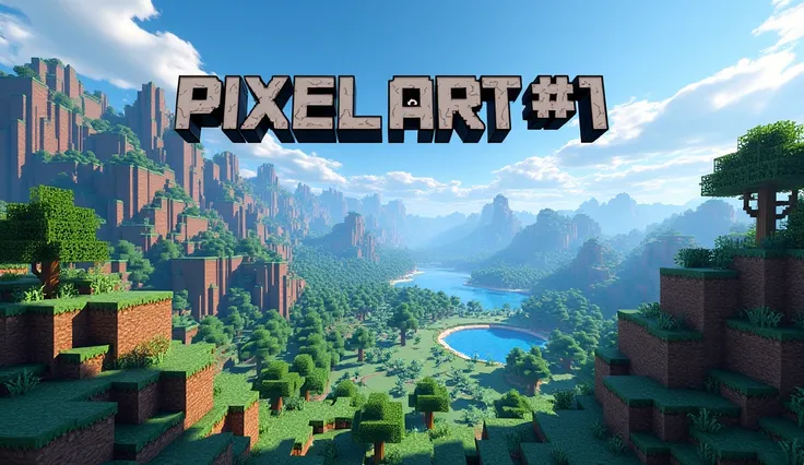 " A Minecraft-themed design that includes elements such as blocks , terrain and sky ,  creating an immersive environment .  style The design should be visually striking and perfect for a YouTube thumbnail.  Add the text PIXEL ART  # 1 in a large, bold font...