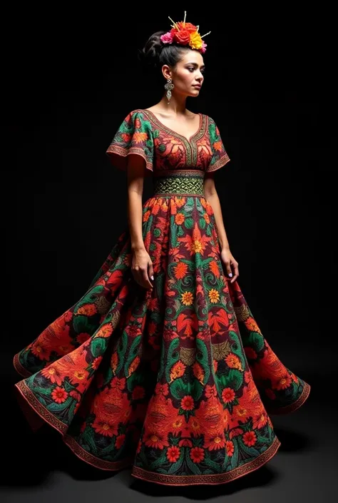  model in a dress inspired by the artistic style of Frida Kahlo paintings with a black background. Imagine a dress designed by Kahlo if she were a fashion designer. 