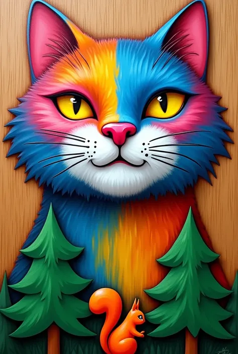 Image is a vibrant, stylized painting featuring a large, colorful cat face as the central subject. The cats fur is depicted in a spectrum of bright colors, including blue, orange, pink, and yellow, with striking yellow eyes and a pink nose. The background ...