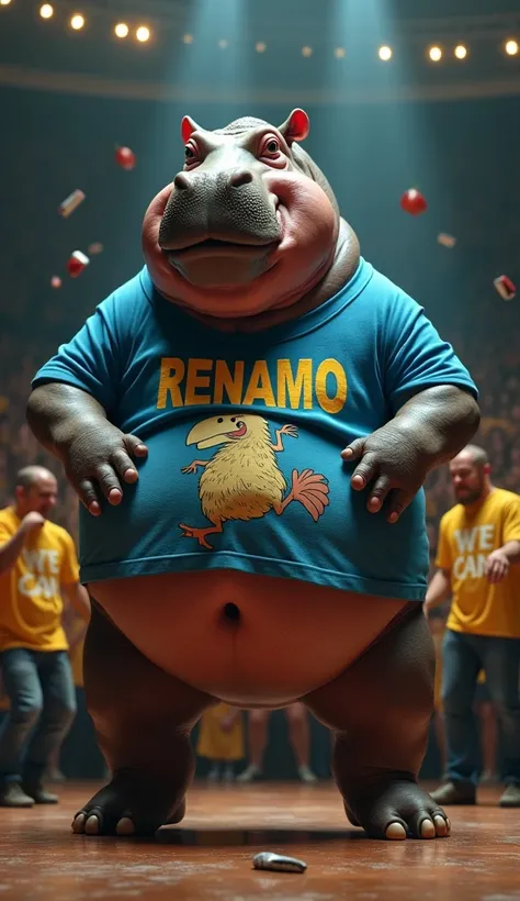 A full-body hyper-realistic humanoid hippo, extremely overweight with a large, round belly and an awkward, clumsy appearance, covered in realistic, wrinkled gray skin with detailed textures.  The hippopotamus is on the illuminated stage dancing to iconic G...