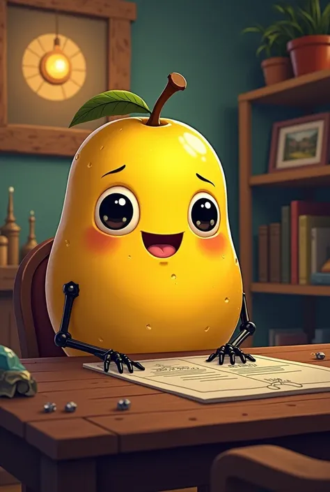 Rpg table in a basament without people with only a mango being a dm, the mango arms are black and skiny and dont have nose and a mouth, just full black eyes the mango is cute  and the mango is oval , the mango is sitting in the chair behind the table more ...