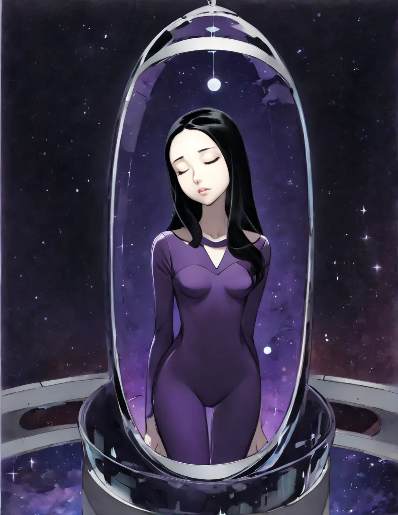 thin anorexic woman, pale, long neck, long black hair, large breasts, hour glass frame.wears a purple v neck bodysuit, she is on...