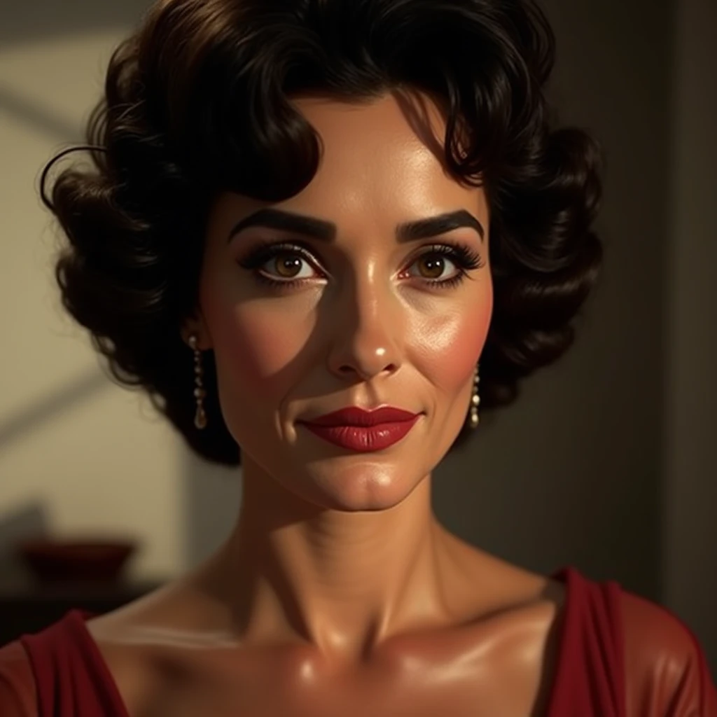 Portrait shot of a 50 year old Elizabeth Taylor, short brunette curly hair. Parted lips, hyper detailed, photorealistic, 8K, high quality, intricate details, dramatic lighting, warm tones, highly realistic, masterpiece.