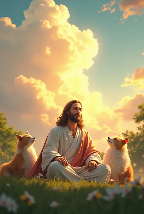 Jesus sitting peacefully with the ren, watching the colorful clouds float by. The clouds reflect the warmth of the sun, and the ren are calm, content, and happy.