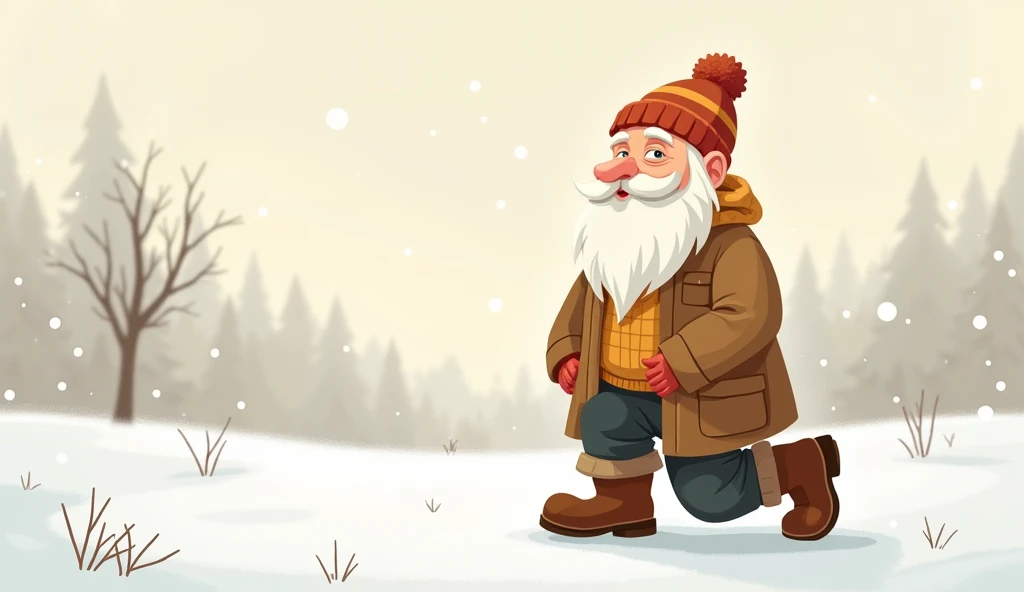 A kind elderly man with a white beard, wearing a woolen coat, a knitted hat, and sturdy winter boots. He exudes warmth and wisdom is kneeling down. A kind elderly man with a white beard, wearing a woolen coat, a knitted hat, and sturdy winter boots. He exu...