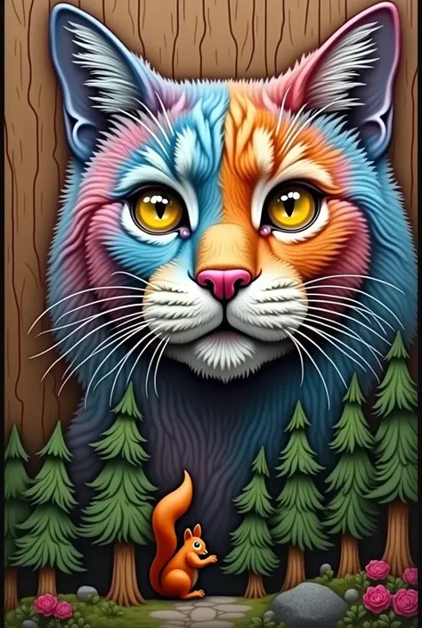 Image is a vibrant, stylized painting featuring a large, colorful cat face as the central subject. The cats fur is depicted in a spectrum of bright colors, including blue, orange, pink, and yellow, with striking yellow eyes and a pink nose. The background ...