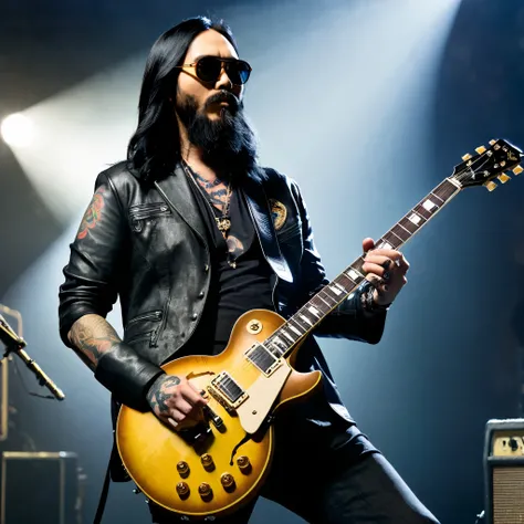 Electric guitarist, Gibson Les Paul , 30 years old, Japanese man with sunglasses, beard and long hair, photorealistic,tattoo, high resolution, Black hair, live stage, spotlight, wide shot, full body type,Rock Band、