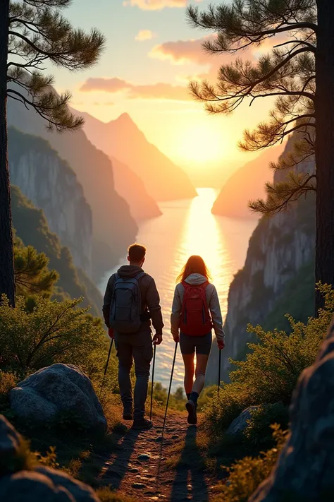 Couple hiking in the mountains ,  on one side the sea on the other the sun on the horizon amidst the trees