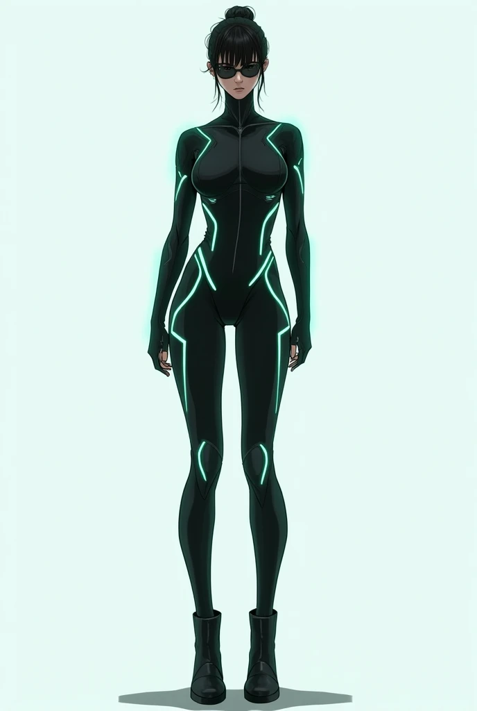  A futuristic costume fitted to the body in cyberpunk style .  the design is minimalist and stylized ,  designed for a female character in a manga Shonen .  The suit has a dark base with luminous details in aqua green that run along the torso , arms and le...