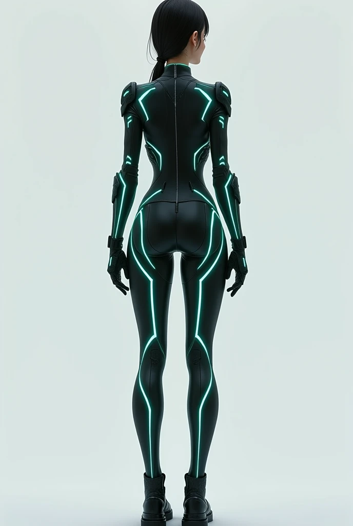  A futuristic costume fitted to the body in cyberpunk style .  the design is minimalist and stylized ,  designed for a female character in a manga Shonen .  The suit has a dark base with luminous details in aqua green that run along the torso , arms and le...