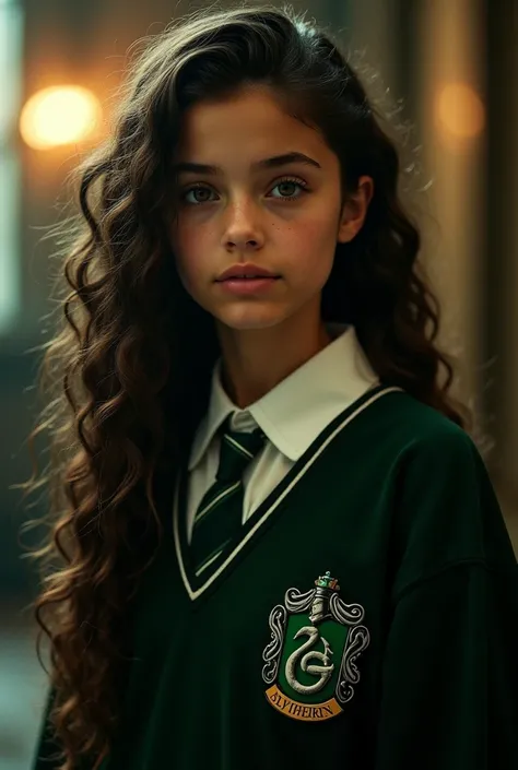 A girl, with dark brown eyes, long dark curly hair, tan skin, in a Hogwarts slytherin school uniform.