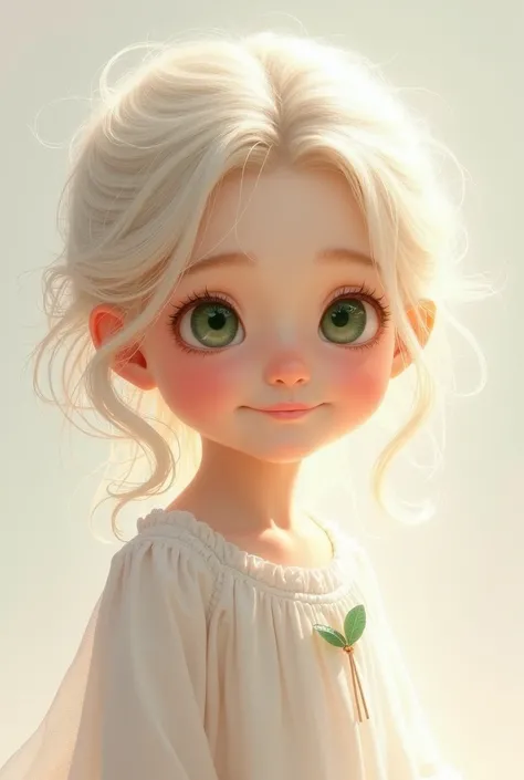 Dans un style semi-réaliste, une petite fille de 3/ radiant with whitish hair and green eyes in a white outfit 