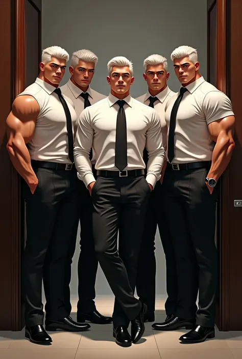 big and tall men very gigantic and muscular   , big shoulder,leaning at the office door ,   who wear white formal shirts and black pants, black belt ,  black tie, modeling pose ,  brown skin,  white hair,  shoulder-length hair, Brown eyes,  Asian traits,  ...