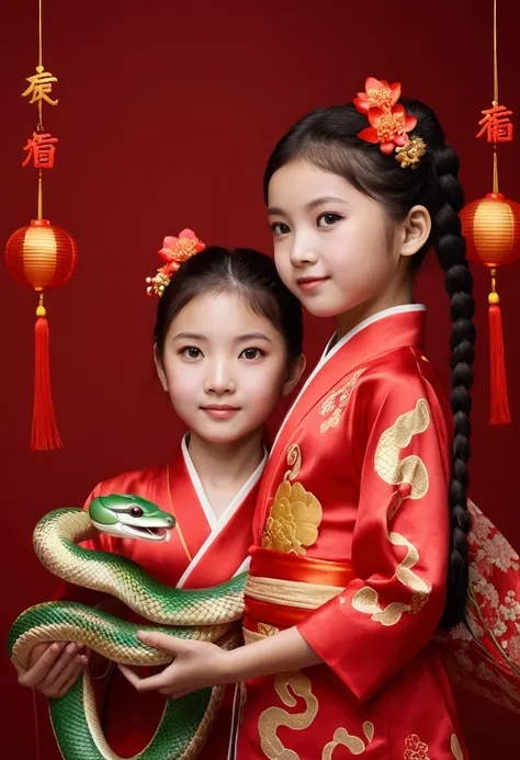 Traditional New Year of the Snake, two cute girls 