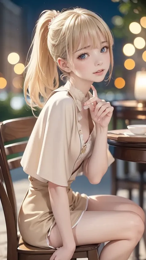 (masterpiece),(highest quality:1.2),((Perfect Anatomy)),(Perfect Fingers:1.3),(The right move:1.3),(1 girl),(Flat Chest),highest quality,Blonde ponytail,Blunt bangs,(From the side)(Glancing sideways),Beautiful and detailed red eyes,Beige Capelet Fashion,Si...